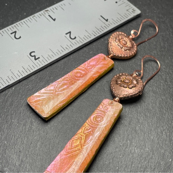Hand Crafted Copper and Pink Dangle Embossed Resin Heart Earrings - Picture 11 of 13